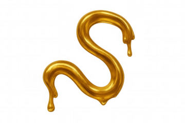 Golden s letter flowing and melting, a rich typography concept with dripping liquid texture on transparent background