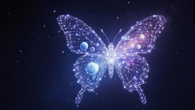 Ethereal butterfly formed by cosmic stardust and glowing celestial bodies ignites wonder in the vast night sky
