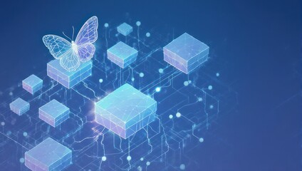 Stunning digital butterfly emerges from glowing 3D data cubes, symbolizing innovation and transformation in technology.