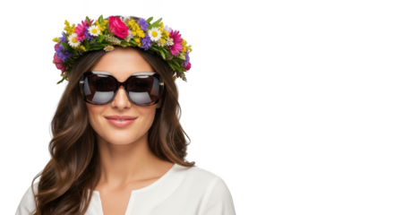 Young woman wearing sunglasses and flower crown smiling joyfully transparent background