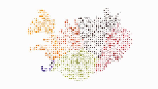 Iceland map animation. Shape of the country with pulsating colored dots. Small size square blocks. Digital style Iceland map on white background. Classy video.