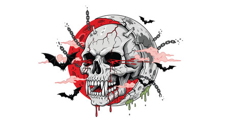 Spooky Skull with Bloodshot Eyes Bats and Chains Against a Red Moon.