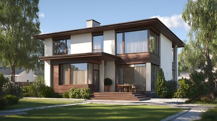 Modern Two-story House with Large Windows and a Balcony / 大きな窓とバルコニーのあるモダンな二階建ての家