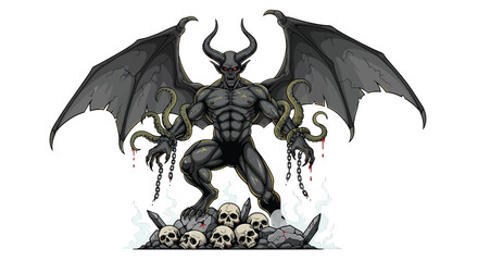 Fototapeta premium Muscular Winged Demon with Tentacles and Chains Standing Atop Skulls.