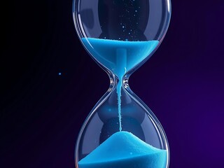 Transparent hourglass filled with glowing blue sand suspended in mid-air, futuristic abstract wallpaper concept for time, modern technology, digital countdown design
