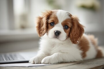 Laptop love: adorable puppy delights in digital exploration. Graphs in media. Digital screens shape our understanding through visual and textual information. Puppy joy. Screen time effects.