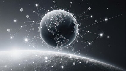 Global network connecting continents with bright digital lines and glowing nodes creating a futuristic vision of interconnectedness and innovation.
