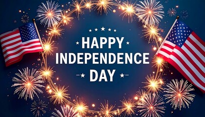 Fireworks, flags, and a patriotic message surround the words "Happy Independence Day" on a dark blue background
