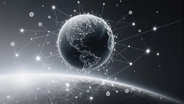 Global network connecting continents with bright digital lines and glowing nodes creating a futuristic vision of interconnectedness and innovation.