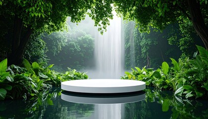 Tranquil white pedestal in a lush green jungle setting bathed in soft sunlight, featuring a serene waterfall.