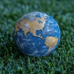Earth globe resting on green grass.  Detailed depiction of continents and oceans