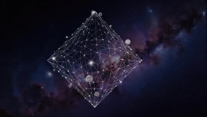 Abstract digital network structure floats majestically in a vibrant nebula filled with stars, symbolizing future tech and global connection