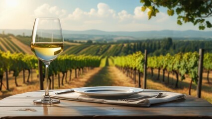 Savoring a glass of crisp white wine amidst rolling vineyard hills at golden hour, an invitation to exquisite taste and scenic beauty