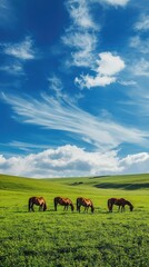 Obraz premium Four horses are grazing in a field