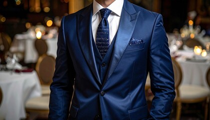 Debonair gentleman lapels upscale jacket dinner silk gathering social midnight blue
