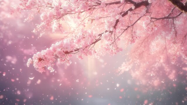 Experience the ephemeral beauty of delicate pink cherry blossoms gently falling in soft, dreamy sunlight, evoking peace and renewal for your projects.