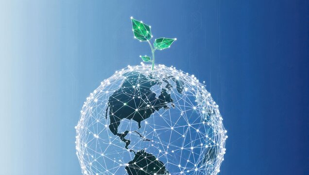 Stunning digital globe sprouts new green growth symbolizing global innovation, future sustainability, and interconnected technological advancement.