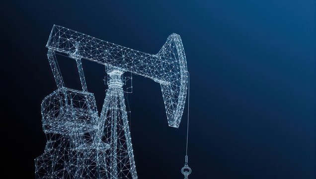 Dynamic digital wireframe of an oil pumpjack symbolizes energy extraction and industrial innovation against a dark blue backdrop