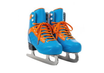 Bright blue ice skates with orange laces isolated on transparent background