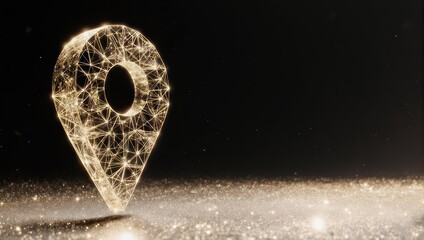Stunning glowing golden pin marker symbolizing global connection and digital navigation on a dark, sparkling background
