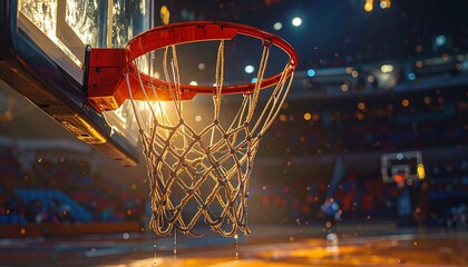 Basketball hoop in an arena at night