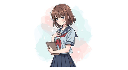 Anime girl in school uniform holding a tablet