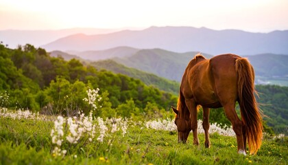 Horse grazing in a meadow at sunset