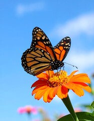 Monarch butterfly on vibrant orange flower, sunny sky