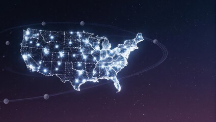 Glowing network map of USA illuminated with bright connections across states against a starry cosmic background, symbolizing global communication
