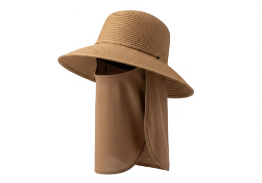 Tan sun hat with neck flap for uv protection isolated on transparent background - Powered by Adobe