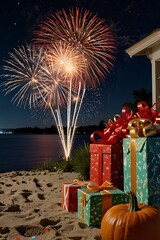 Fireworks over gifts on a beach at night.  Colorful fireworks burst above wrapped presents on the sand by the water's edge.  A  pumpkin sits near the gifts
