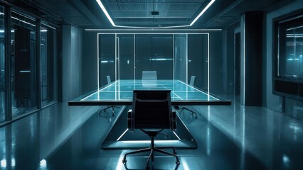 Sleek, modern conference room with glowing blue accents, perfect for high-tech business meetings and innovative brainstorming sessions.