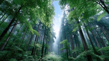 Obraz premium Lush Green Bamboo Forest with Sunlight Filtering Through Tall Trees a Serene Natural Environment with Dense Vegetation and a Glimpse of Blue Sky