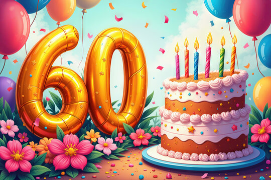 Greeting card for 60 years. Celebrate a 60th birthday with a beautifully decorated cake adorned with colorful candles, surrounded by golden 60 balloons, confetti, and flowers. - Powered by Adobe