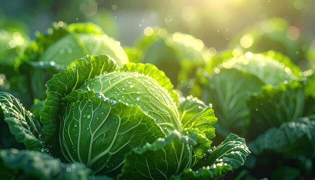 Lush Green Cabbage Patch Illuminated by Warm Sunlight in a Garden with Water Droplets on Leaves and Bokeh Background