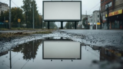Obraz premium Blank billboard reflected in a puddle on a city street