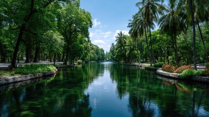 Fototapeta premium Lush Green Forest Canopy Reflected in Calm River Under Blue Sky with Trees and Vegetation in Daylight