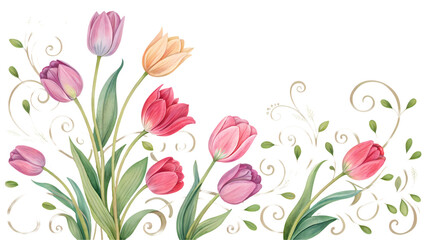 Colorful Tulip Border with Leaves Isolated on Transparent Background