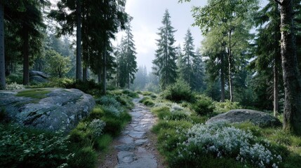 Lush Green Forest Path with Sunlight and Stone Accents Scenery Tranquil Nature Background Cinematic HDR Environment Evergreen Trees and White Wildflowers