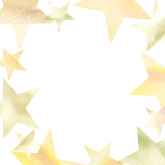 水彩で描いた金色の星が輝く透過背景フレーム。ポップな雰囲気の背景素材。