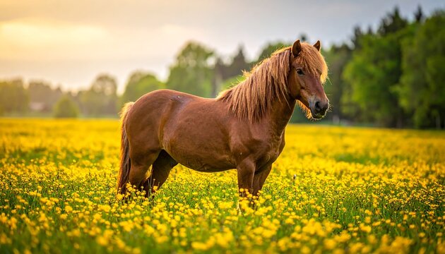 Horse in a field of yellow flowers at sunset - Powered by Adobe