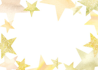 水彩の輝く星が集まったイラスト。おしゃれなゴールドのフレーム素材。