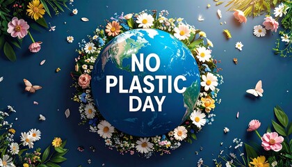 Earth globe surrounded by flowers and greenery, highlighting "No Plastic Day