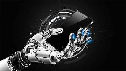 AI robotic hand holding smartphone mockup with futuristic digital interface element representing advanced agentic AI technology concept, vector illustration