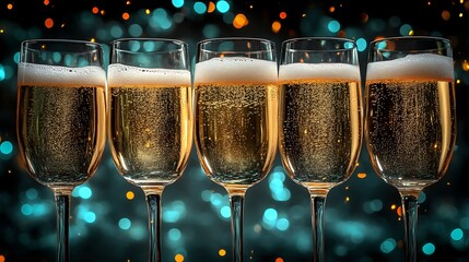 Five champagne flutes filled with sparkling wine against a teal bokeh background