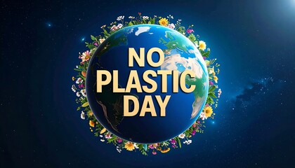 Earth globe surrounded by flowers, with the text "NO PLASTIC DAY