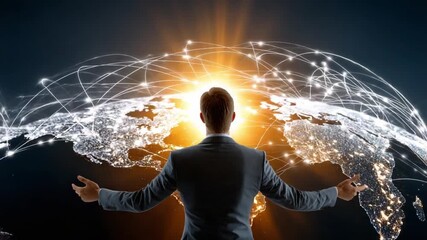 Visionary at the Helm: A silhouette of a determined leader stands with arms outstretched, envisioning a global network illuminated by a vibrant burst of light.