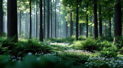 Obraz premium Lush Forest Floor with Greenery and Sunlight Bokeh Effects in a Serene Woodlands Ambiance