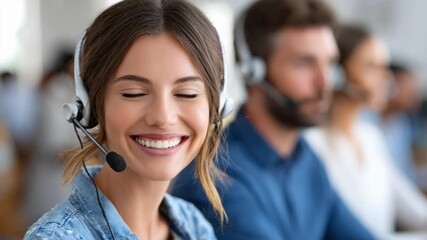 Professional Smiles: A close-up captures a support agent's radiant smile, headset poised, ready to assist, embodying warmth and helpfulness in a bustling office environment.