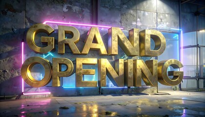 Gold lettering announces a grand opening, neon lights frame the words against a grunge backdrop